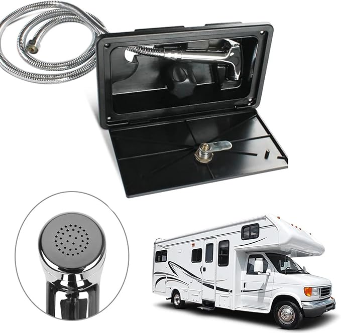 RV Exterior Shower Box Kit Torcarvh Shower Head with Lock with Hose and 2 Keys for Marine Boat RV Motorhome Caravan Camper Accessories (Black)