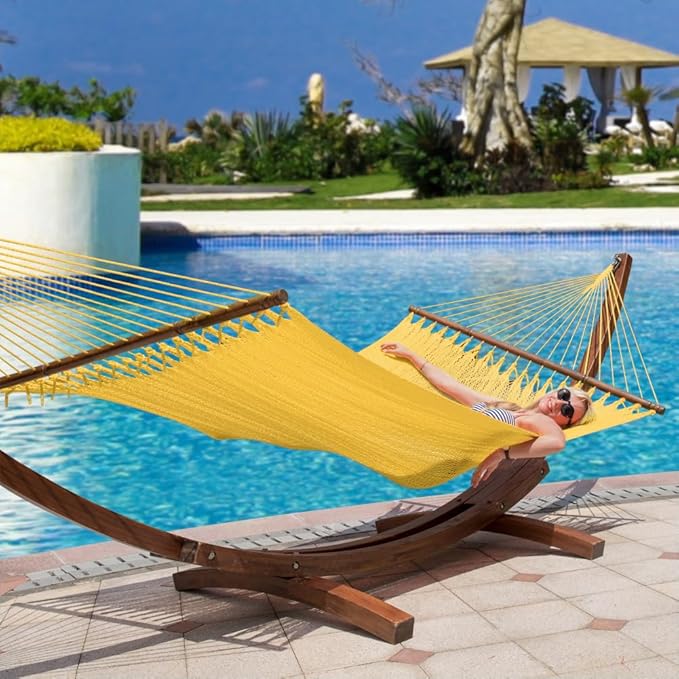 Lazy Daze Hammocks 10.5 FT Double 2 Person Caribbean Rope Hammock Hand Woven Polyester Hammock with Spreader Bars for Outside Outdoor Backyard Patio Poolside 450 LBS Capacity Yellow