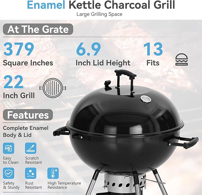 GREEN PARTY 22 inch Kettle Charcoal BBQ Grill with Wheels Portable Charcoal Grill with Porcelain-Enameled Lid &amp Ash Catcher for Outdoor Cooking Barbecue Camping Picnics Tailgating Black