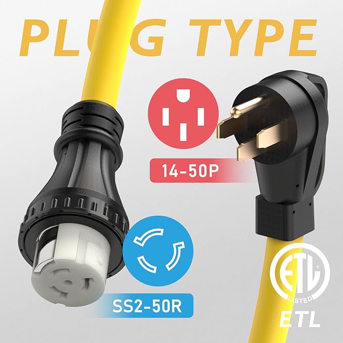 TOOLIOM 50 Amp Generator Cord NEMA 14-50P/SS2-50R Twist Lock 50 AMP for RV 125/250V 12500W 6/3+8/1 AWG STW Generator Extension Cord ETL Listed (50FT)