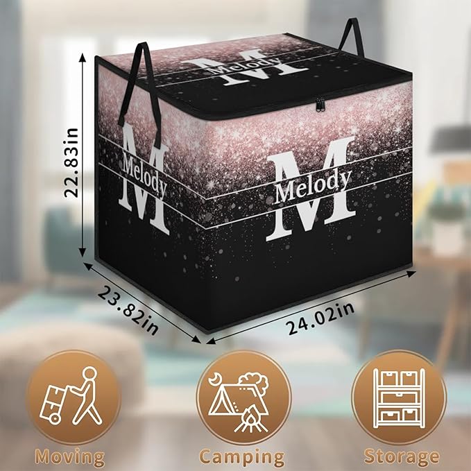 Custom Comforters Storage Basket with Lid Personalized Name Initial Letter Large Organizer Bin for Pet/Children Toys Books Clothes Perfect for Rooms/Playroom Pale Pink Bling with Black