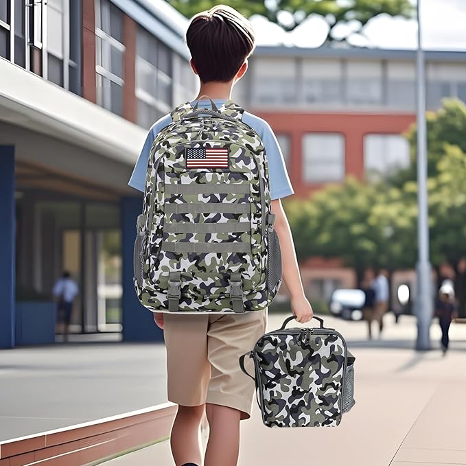 Camo Backpack for Boys 3 in 1 Set 19 Inch 55L Tactical Bookbag with Lunch Box Pencil Case Molle System School Backpack for Elementary Middle High School Outdoor Camping Hiking Travel for Kids Teens