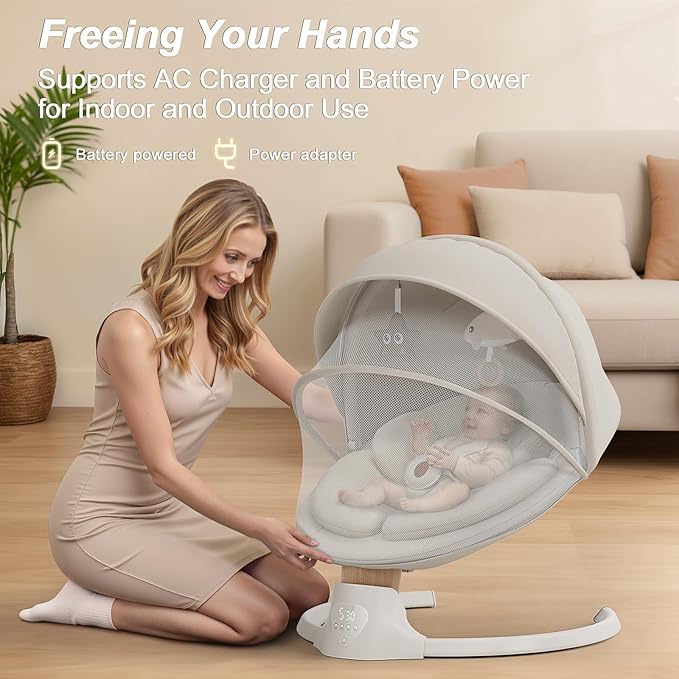 Baby Swings for Infants FasonBaby Electric Baby Swing with 10 Preset Melodies 5 Speeds Remote Control and Bluetooth - Portable Infant Swing for Indoor and Outdoor(Beige)
