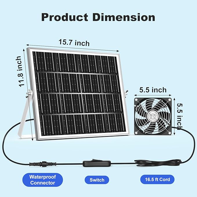 5.5 Solar Chicken Coop Fan 3 Kit 30W Solar Powered Greenhouse Fan Solar Exhaust &amp Intake Fans Outdoor Waterproof 16.7 ft Cord for Outside Shed Doghouse Ventilation Air Circulation Cooling