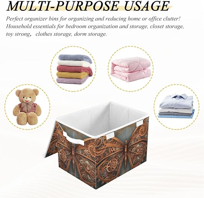 Steampunk Butterfly Storage Cube with Lid Collapsible Flip-top locker Fabric Storage Bins Basket with Handle for Home Bedroom Closet Office 16.5×12.6×11.8 in