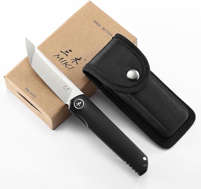 Miki Pocket Samurai Folding Knife G10 Handle Tanto w/ D2 Plain Blade Outdoor Camping Hiking Knife Fishing And Everyday Carry nique Tool Gift for EDC Men Women (Black-A)