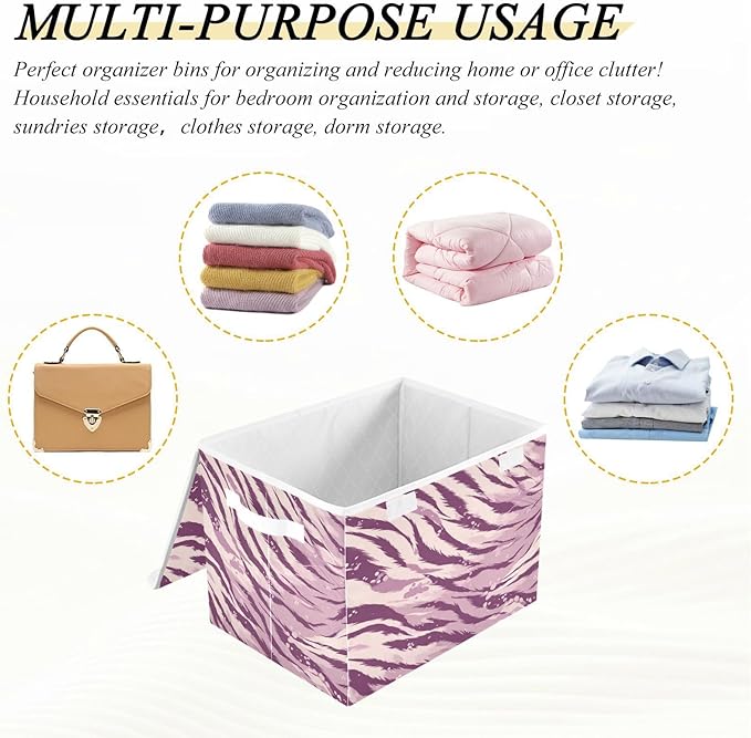 Storage Bins With Lid Stackable Fabric Closet Organizer Clothing Storage Large Boxes For Closet Shelves Bedroom Purple Tiger Stripes Specks Purpleshades