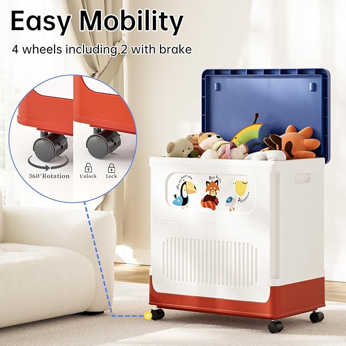 HAIXIN Storage Bin with Lid - 60 QT Plastic Storage Box with Wheels 14.8 Gal Flip-top Organizer for Clothes Large Toy Chest with Animal Stickers for Kids White Bin with Blue Lid and Red Base