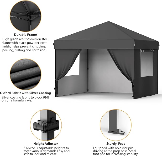 10X10 Pop Up Canopy Tent with 4 Sidewalls Heavy Duty Commercial Instant Shelter One-Person Quick Setup Outdoor Party Tent Water-Resistant &amp Portable for Outdoor Events Camping Black