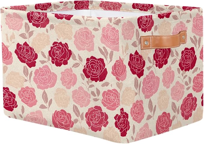 Pardick Roses Pink Flower Basket Storage Bins Large Fabric Toys Storage Cube Box with Handles Collapsible Closet Shelf Cloth Organizer Basket for Nursery Bedroom Bathroom Holiday Gift