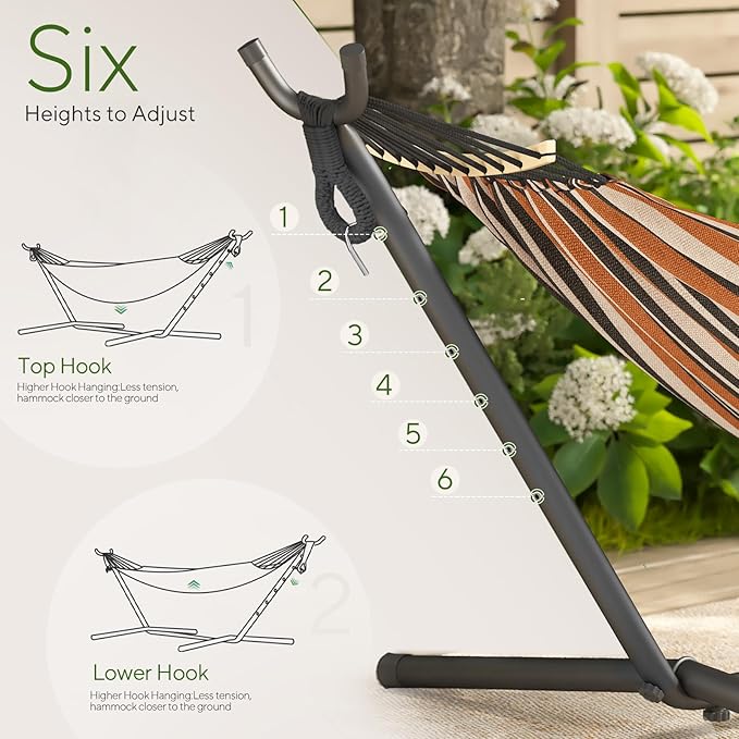 600lbs Hammock with Stand for Outside 2 Person Portable Hammock with Side Storage Carrying Bag Expend Wooden Bar for Outdoor or Indoor (Brown Black)