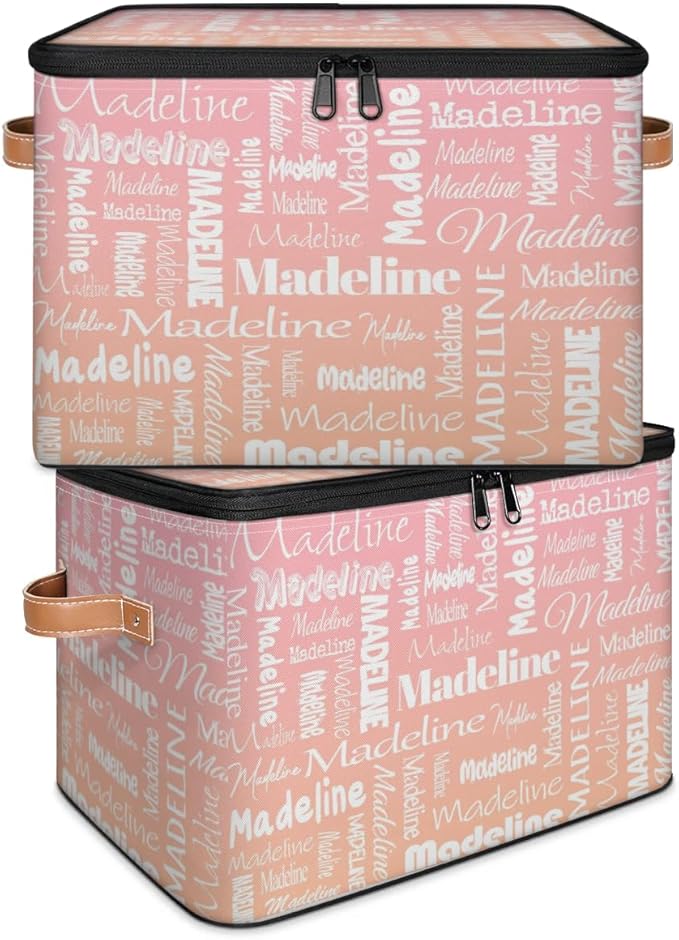 Custom Storage Basket with Name Personalized Keepsake Box with Zipper Lid Foldable Fabric Memory Bin Large capacity with Handle Pink Orange