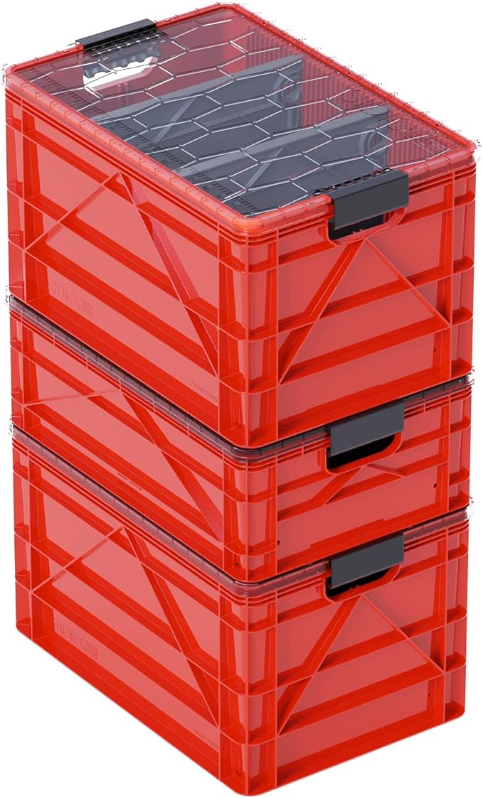 SIDIO CRATE Pro Pack - Two Full Size and One Half Size SidioCrate Stackable Outdoor Organizer Storage Bins with Clear Lid and Dividers