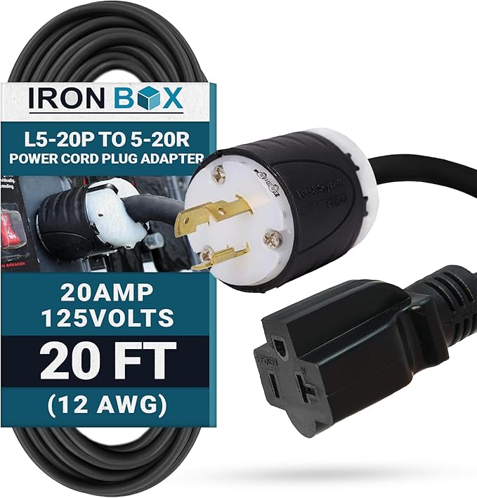 IronBox Electric NEMA L5-20P to 5-20R Power Cord Plug Adapter - 20A 125V12 AWG - UL Listed Heavy Duty Adapter Cable for Generator Data Centers Computers Outdoor Events &amp More (Custom Built 2