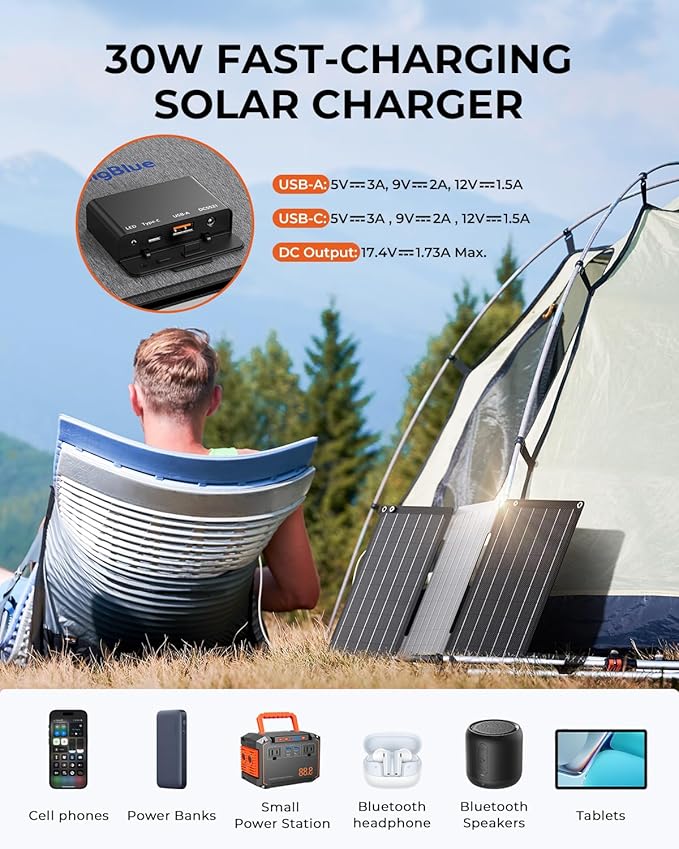[Upgraded] BigBlue 30W Solar Panel Charger with Fast Charging USB-A and USB-C DC Ports SolarPowa 30 Portable Solar Panel IP68 Waterproof Compatible with iPhone Samsung iPad Small Power Station