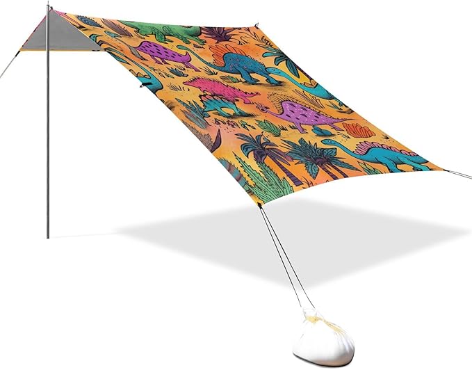 ALAZA Colorful Dinosaur Palm Tree Cactus Beach Tent Sun Shelter Portable Canopy Sunshade for Outdoor Camping Picnics Backyard Fun 10x9 ft