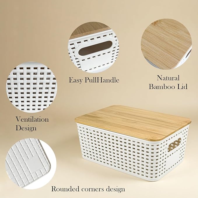 4 Quart Plastic Storage Bin with Bamboo Lid Stackable Small Box Baskets Pantry Decorative Containers for Shelves Closet Pantry Office Home White 6 Pack