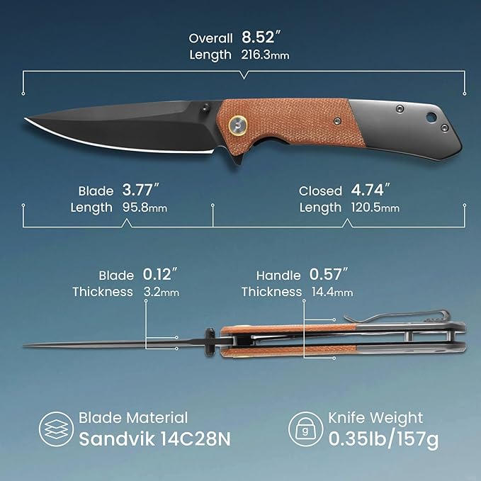 Pocket Knife For Men Folding Pocket Knife With 3.77 Sandvik 14C28N Blade &amp Micarta Handle Flipper Knife With 2-way Assisted Opening EDC Knife With Deep Pocket Clip For Hunting Camping