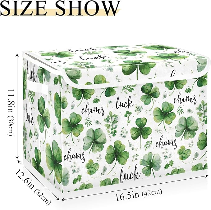 White Green Clover St. Patrick's Day Storage Box with Lid 1 PC Foldable Storage Bin with Lids Stackable Storage Bins Cube Closet Organizer Basket with Flip-Top Lid &amp Handles for Shoes Books Towels