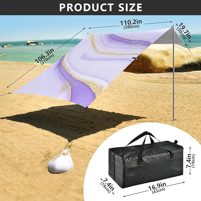 Beach Canopy with Windproof Ropes &amp Sandbags Beach Tent Sun Shade Sun Shelter for Camping Trips Fishing Backyard Fun or Picnics Purple Texture