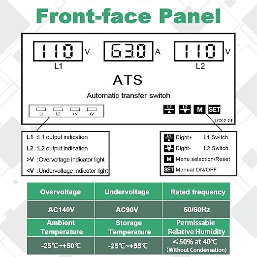 63A 110V Automatic/Manual Transfer Switch L1 Priority Phase Selector LED Display Din Rail Mount 50/60Hz CE Certified ATS for Generator Inverter Public Power