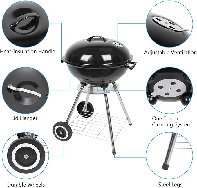 Outvita 18 inch Portable Charcoal Grill Stainless Steel BBQ Kettle Charcoal Grill with Wheels and Storage Holder for Camping Picnic Barbecue Party Outdoor Activities