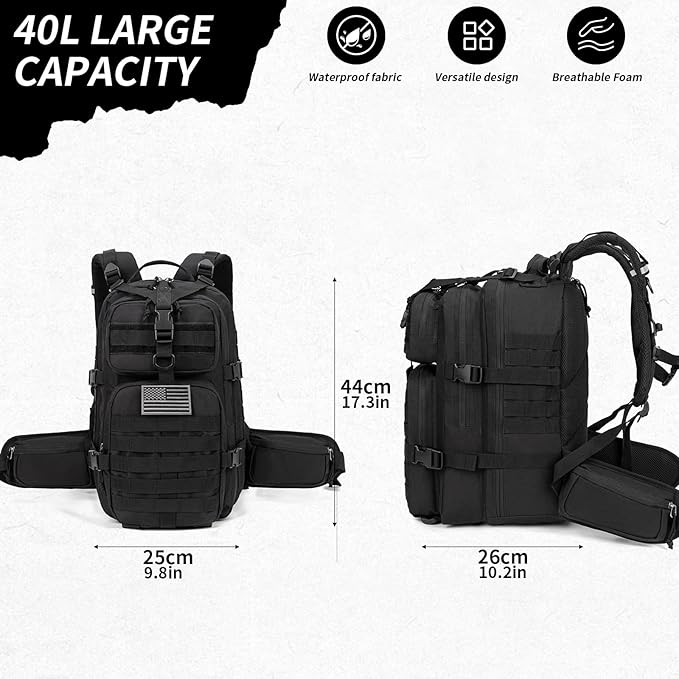 Camo hunting backpacksmall tactical backpack military backpack for men camping backpack 3-day bag(Black)