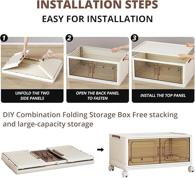 Stackable Storage Bins with Magnetic Doors &amp Top Lid Foldable Rolling Storage Cabinet with Wheels Collapsible Plastic Closet Organizer Tower for Clothes Shoes Blankets Bedroom&ampDorm (4 Tier)