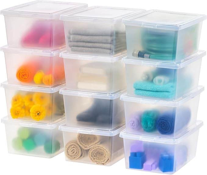 IRIS USA 12-Pack Storage Bins with Lids 17 Quart Shoe Boxes Clear Stackable Containers Organize Shoes Closet Shelves Classroom Organization Teacher Tools Game Storage - BPA-Free Plastic