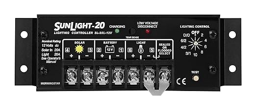 Morningstar Sunlight 20A Solar Charge Controller (SL-20L-12V) - Solar Panel Regulator for 12 Volt Batteries Lighting Ctrl Easy Setup Corrosion Resistant Terminals 5 Year WTY - Designed in The USA
