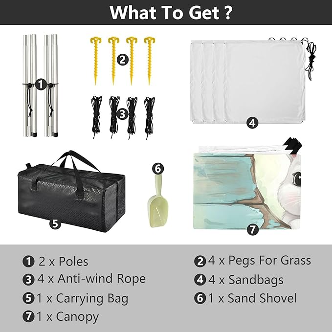 Happy Easter Beach Canopy Sun Shelter with Sandbags &amp Sand Shovel &amp Windproof Ropes - Portable 110x126 Beach Shade Beach Tent for Camping Picnics