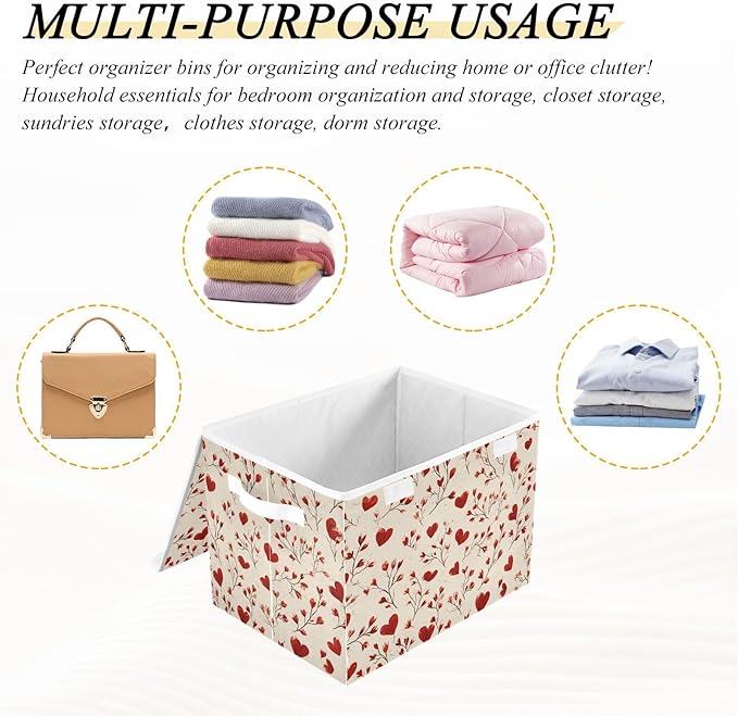 Valentine Hearts Flowers Beige Storage Box with Lid 1 PC Foldable Storage Bin with Lids Stackable Storage Bins Cube Closet Organizer Basket with Flip-Top Lid &amp Handles for Shoes Books Towels