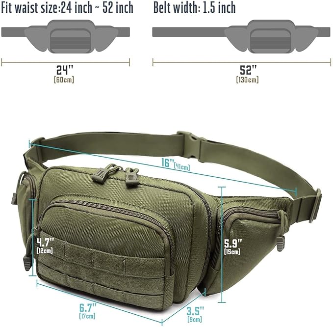 Concealed Pistol Bag Multipurpose Nylon Tactical Handgun Case Fanny Pack Waist Bag Bumbag Chest Pack with Molle Webbing Loop (Army Green)