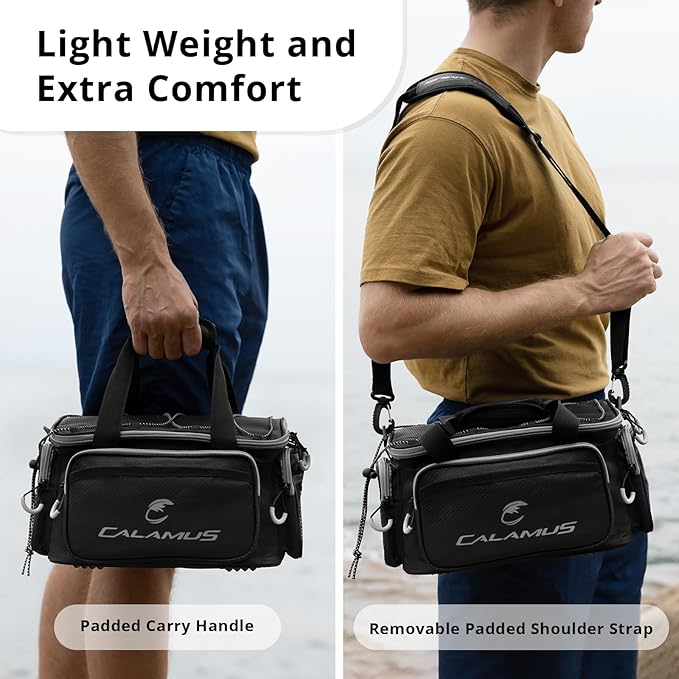 Calamus Fishing Tackle Bags - Saltwater &amp Freshwater Fishing Bags - Rip-Stop PE - Padded Shoulder Strap - Pliers Storage - Black