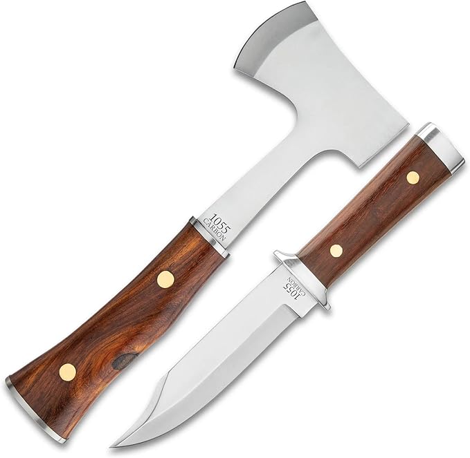 Timber Wolf Expedition Set | 5 1/2 Knife Blade | 10 Knife Overall | 4 1/4 Axe Head | 11 Axe Overall | Wooden Handles | 1055 Carbon Steel | Includes Premium Dual Leather Sheath