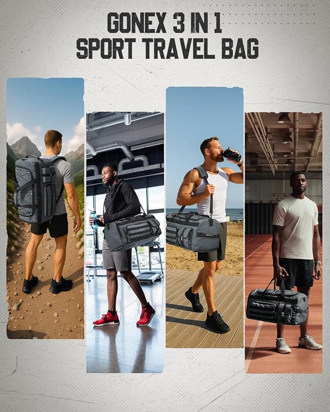 Gonex 45L Duffel Bag for Men 3 in 1 Convertible Carry Gym Duffle with Shoe Compartment Tactical Gear Loops Water-Repellent Lining Workout &amp Travel Bag (Gray)