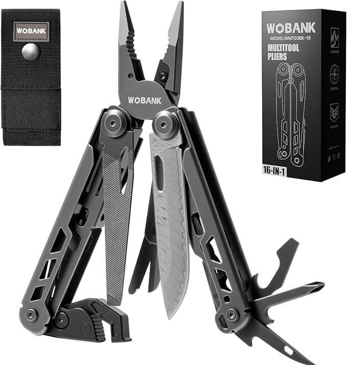 Multitool 16-in-1 Stainless Steel Multi Tool Pliers with Adjustable Hex Wrench Damascus Pocket Knife Nylon Sheath for Survival Camping and Hunting Hiking Simple Repair