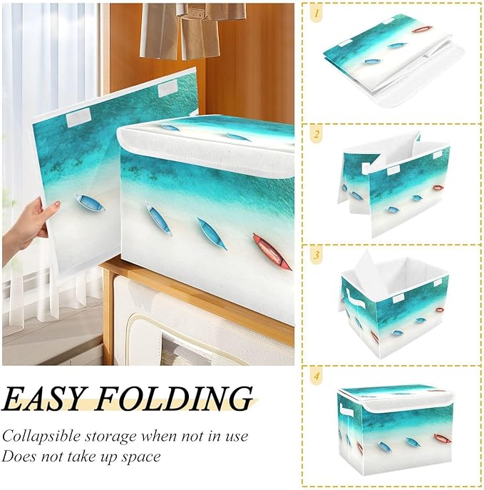 AIXIWAWA Lidded Storage Cube (Beautiful Beach) Fabric Foldable Closet Bins with Flip Lid and Handles Organizer Basket Container 16.5 x 12.6 x 11.8 IN