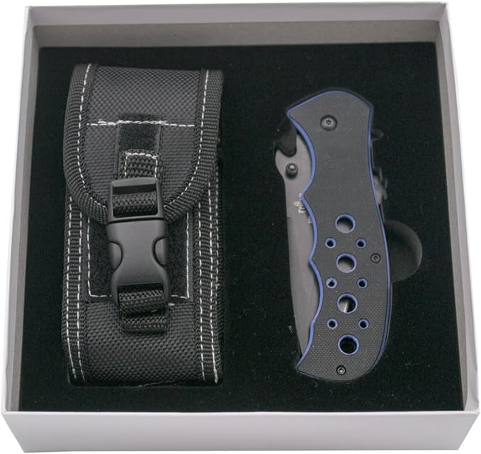 THIRD Assisted Folding Knife K1905BLS G10 Handle Bicolour Black and Blue 8Cr14MoV Stainless Steel Blade 9.8 cm Black Finish with Saw Blade and Bottle Opener Sheath. Presentation Box.