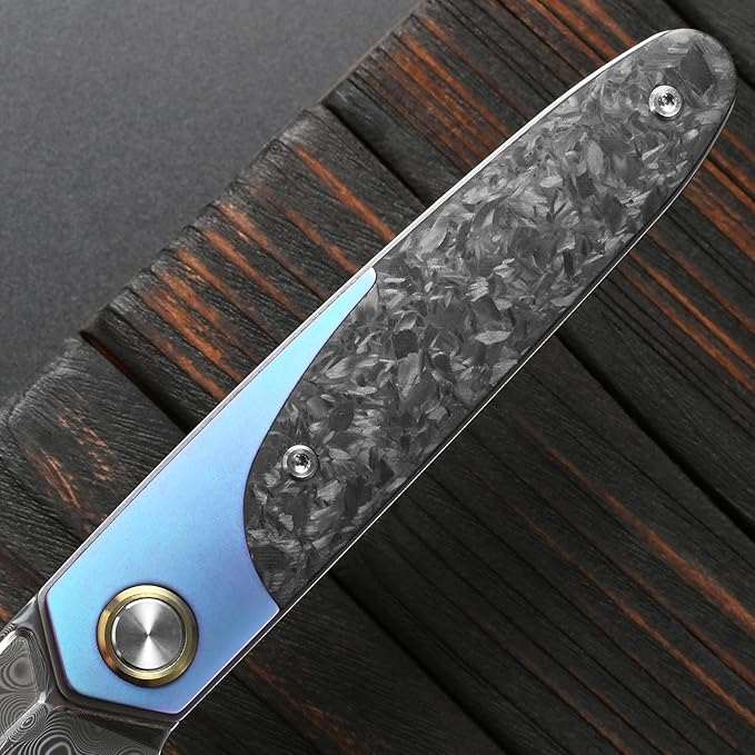 Sitivien ST245 Damascus Steel Folding Knives with Liner Lock Ball BearingTitanium Carbon Fiber Handle EDC Damascus Knife for Men Women(Blue)