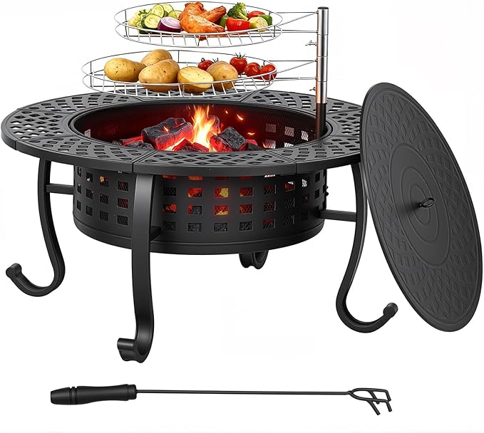 FDW 36 Inch Fire Pit with 2 Adjustable Grills Wood Burning Outdoor Fire Pit with Lid Poker &amp Waterproof Cover 3-in-1 Fire Pit Table for BBQ Bonfire &amp Patio Dining