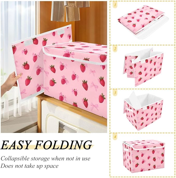 Collapsible Storage Bins with Lids Decorative Fabric Storage Cubes Closet Organizer and Storage Basket Boxes Containers for Clothes Box Chest Nursery Folding Rectangle Red Strawberry Bows