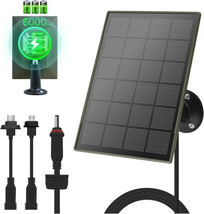 6000 mAh Solar Panel for Security Camera 3W Build in Battery 5V Micro USB &amp USB-C &amp DC3.5mm Port for Stick Up and Outdoor Battery Camera Waterproof Adjustable Panel Mount 9.8ft Cable