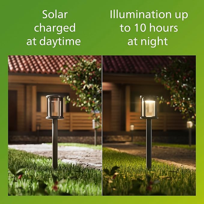 Philips LED Reina Outdoor Solar Pathlight 1-Pack Long-Lasting Solar Powered LED Light Bright White Light 3000K 50 Lumens Ground Spot IP44 Black