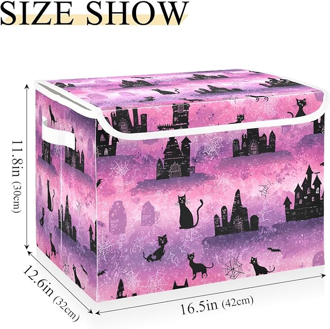Pink Halloween Castles Cat Tombstones Storage Box with Lid 1 PC Foldable Storage Bin with Lids Stackable Storage Bins Cube Closet Organizer Basket with Flip-Top Lid &amp Handles for Shoes Bo