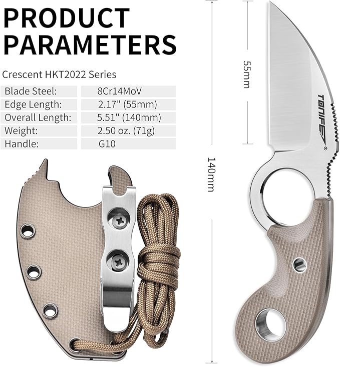 TONIFE Small Fixed Blade Knife Full Tang EDC Camping with Sheath Lanyard and Clip Blade Length 2.172.5 oz.with Sheath (Warm Sand - Satin)