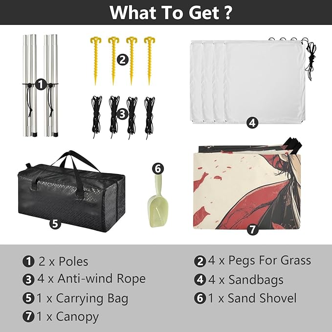 Game Anime Japanese Man Stable Beach Tent UPF50+ Waterproof Portable Sun Shelter with Sand Pockets for Backyard and Camping