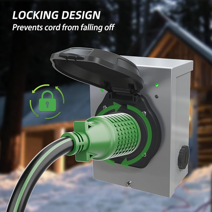 4 Prong 30 Amp Extension Generator Cord 10FT NEMA L14-30P/L14-30R 125/250 Volt Up to 7500 Watts 10 Gauge SJTW Twist Lock Power Cord for Manual Transfer Switch Black&ampGreen ETL Listed
