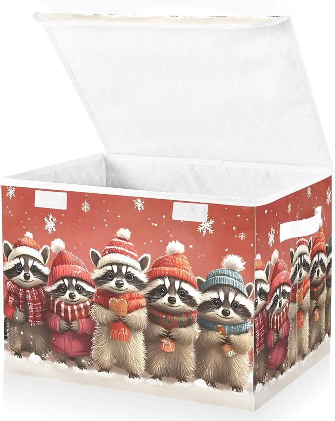 AIXIWAWA Lidded Storage Cube (Christmas Raccoon) Fabric Foldable Closet Bins with Flip Lid and Handles Organizer Basket Container 16.5 x 12.6 x 11.8 IN