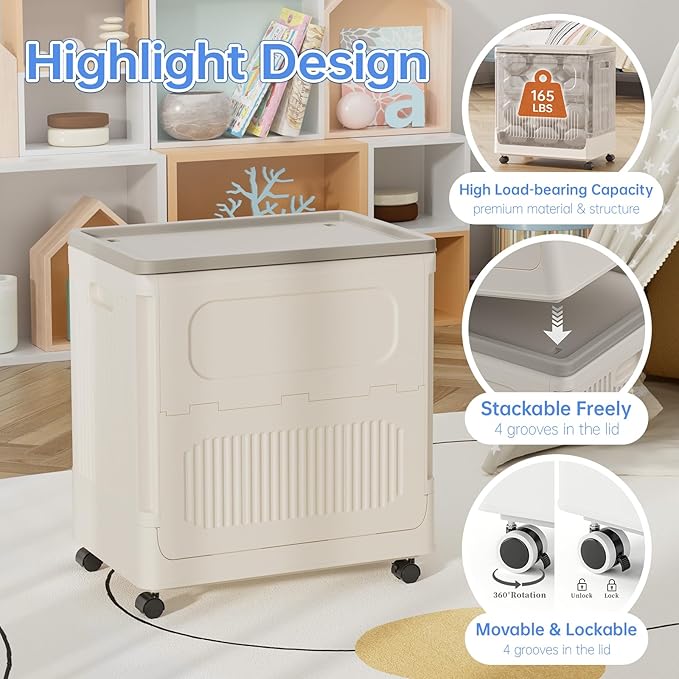 HAIXIN Flip-top Storage Bin with Lid - 60 QT Plastic Storage Box with Wheels 14.8 Gal Stackable Closet Organizer for Clothes Blanket Movable Storage Organization for Laundry Cream White